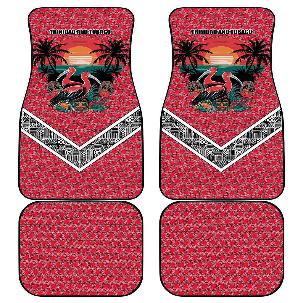 Trinidad and Tobago Flamingos Sunset Car Mats with Tribal Masks and Red Star Pattern - Wonder Print Shop