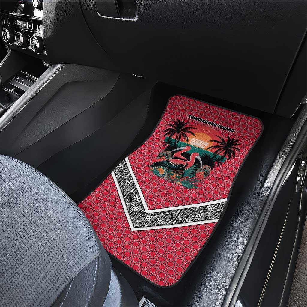 Trinidad and Tobago Flamingos Sunset Car Mats with Tribal Masks and Red Star Pattern - Wonder Print Shop