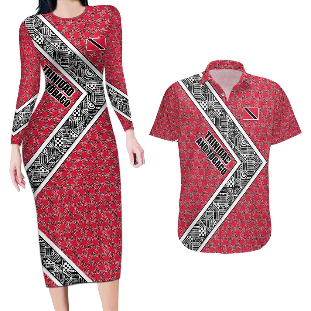 Trinidad and Tobago Flamingos Sunset Couples Matching Long Sleeve Bodycon Dress and Hawaiian Shirt with Tribal Masks and Red Star Pattern - Wonder Print Shop