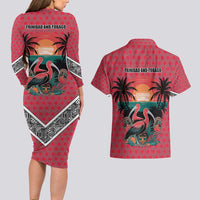 Trinidad and Tobago Flamingos Sunset Couples Matching Long Sleeve Bodycon Dress and Hawaiian Shirt with Tribal Masks and Red Star Pattern - Wonder Print Shop