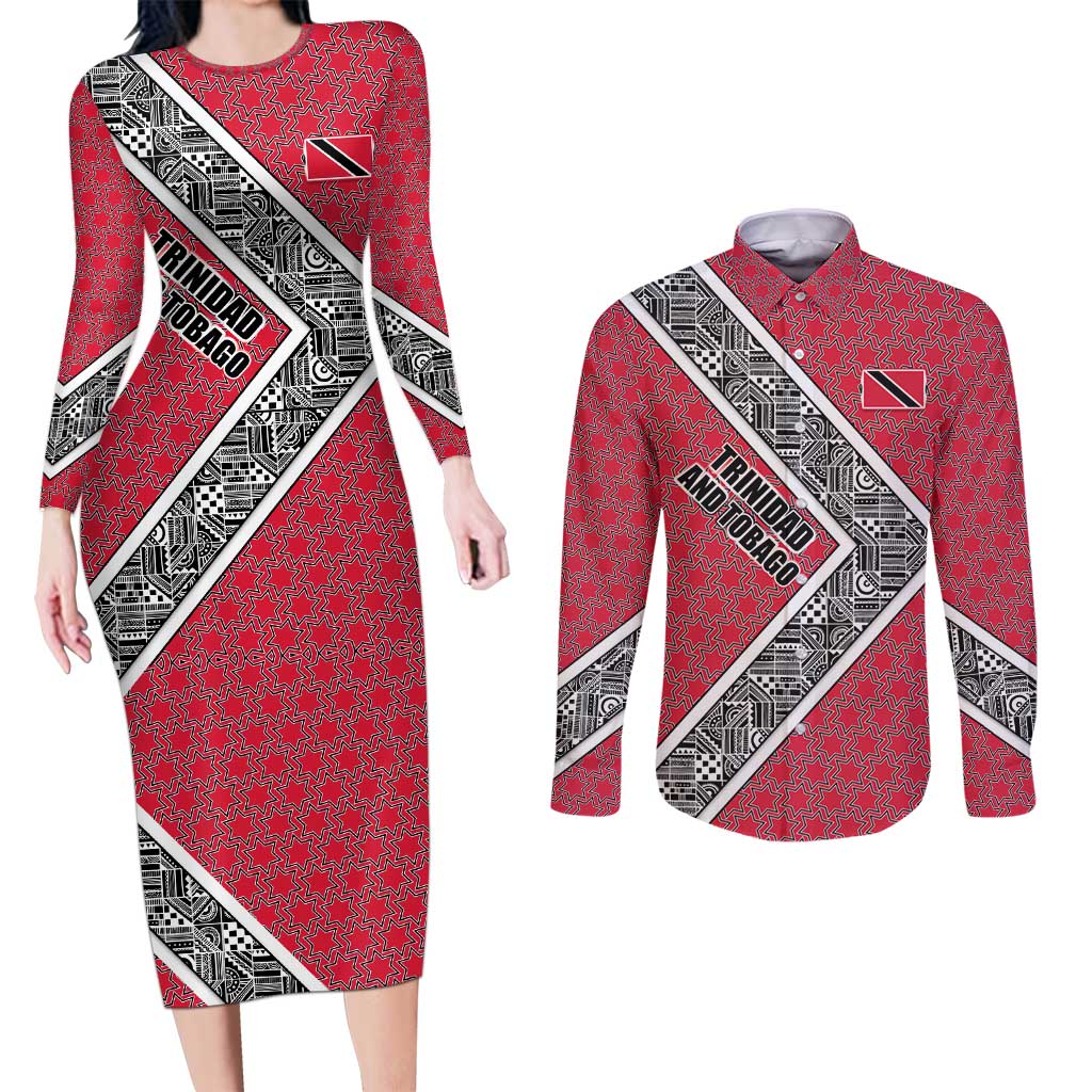 Trinidad and Tobago Flamingos Sunset Couples Matching Long Sleeve Bodycon Dress and Long Sleeve Button Shirt with Tribal Masks and Red Star Pattern - Wonder Print Shop
