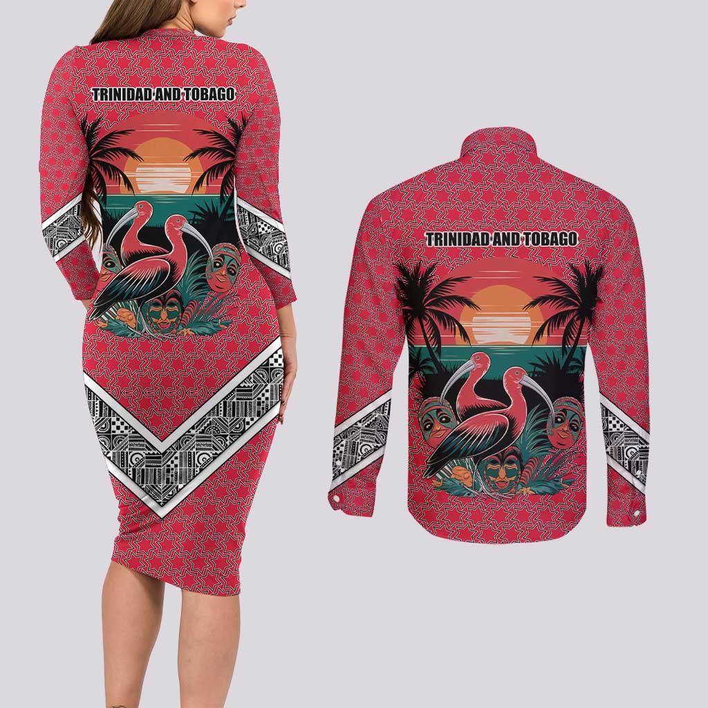 Trinidad and Tobago Flamingos Sunset Couples Matching Long Sleeve Bodycon Dress and Long Sleeve Button Shirt with Tribal Masks and Red Star Pattern - Wonder Print Shop