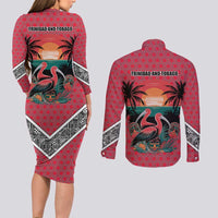 Trinidad and Tobago Flamingos Sunset Couples Matching Long Sleeve Bodycon Dress and Long Sleeve Button Shirt with Tribal Masks and Red Star Pattern - Wonder Print Shop