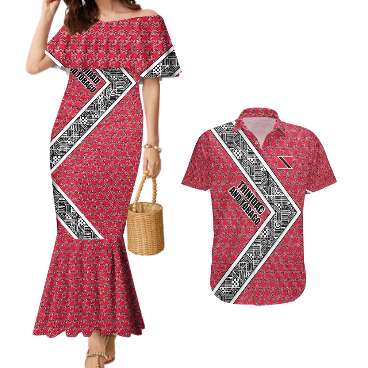 Trinidad and Tobago Flamingos Sunset Couples Matching Mermaid Dress and Hawaiian Shirt with Tribal Masks and Red Star Pattern - Wonder Print Shop