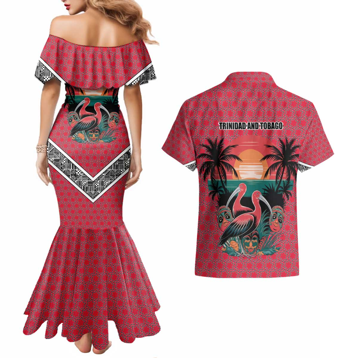 Trinidad and Tobago Flamingos Sunset Couples Matching Mermaid Dress and Hawaiian Shirt with Tribal Masks and Red Star Pattern - Wonder Print Shop