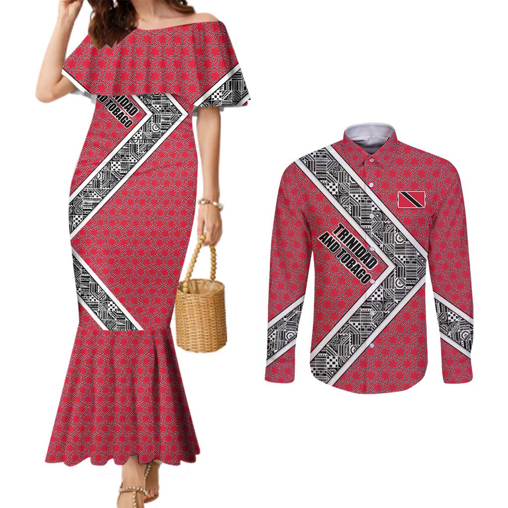 Trinidad and Tobago Flamingos Sunset Couples Matching Mermaid Dress and Long Sleeve Button Shirt with Tribal Masks and Red Star Pattern - Wonder Print Shop