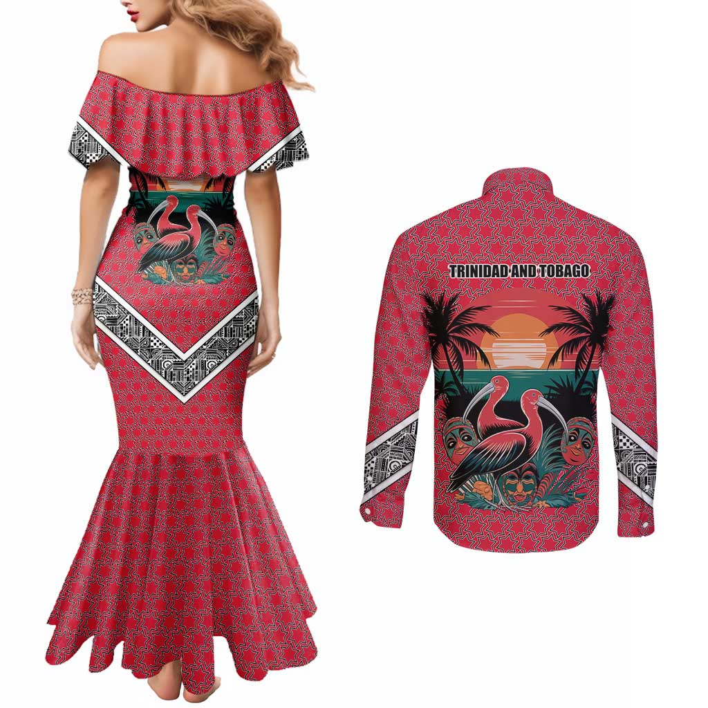 Trinidad and Tobago Flamingos Sunset Couples Matching Mermaid Dress and Long Sleeve Button Shirt with Tribal Masks and Red Star Pattern - Wonder Print Shop