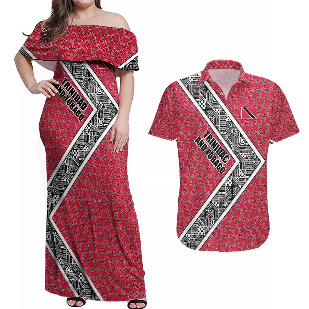 Trinidad and Tobago Flamingos Sunset Couples Matching Off Shoulder Maxi Dress and Hawaiian Shirt with Tribal Masks and Red Star Pattern - Wonder Print Shop