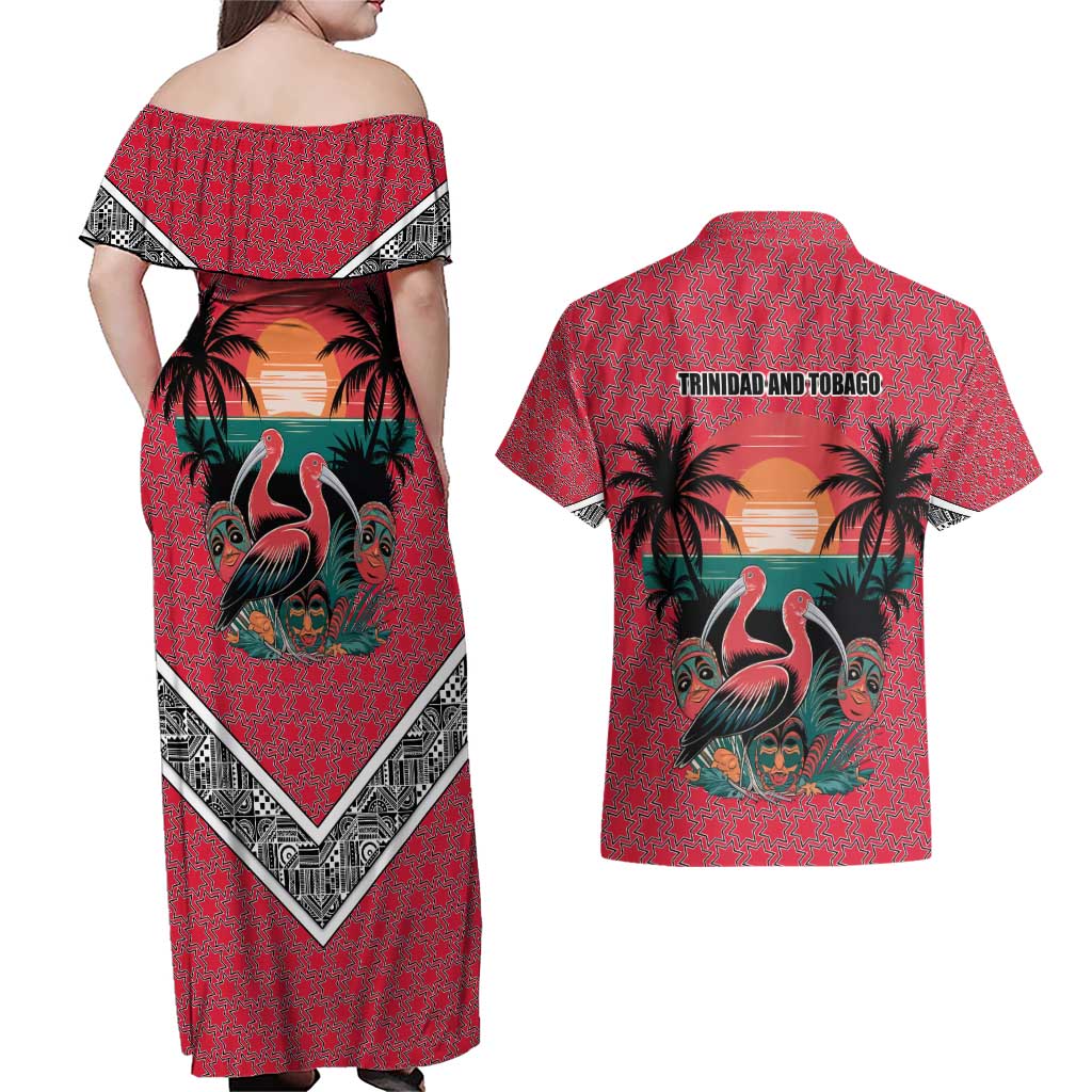 Trinidad and Tobago Flamingos Sunset Couples Matching Off Shoulder Maxi Dress and Hawaiian Shirt with Tribal Masks and Red Star Pattern - Wonder Print Shop