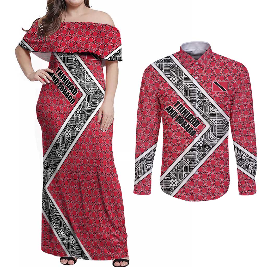 Trinidad and Tobago Flamingos Sunset Couples Matching Off Shoulder Maxi Dress and Long Sleeve Button Shirt with Tribal Masks and Red Star Pattern - Wonder Print Shop