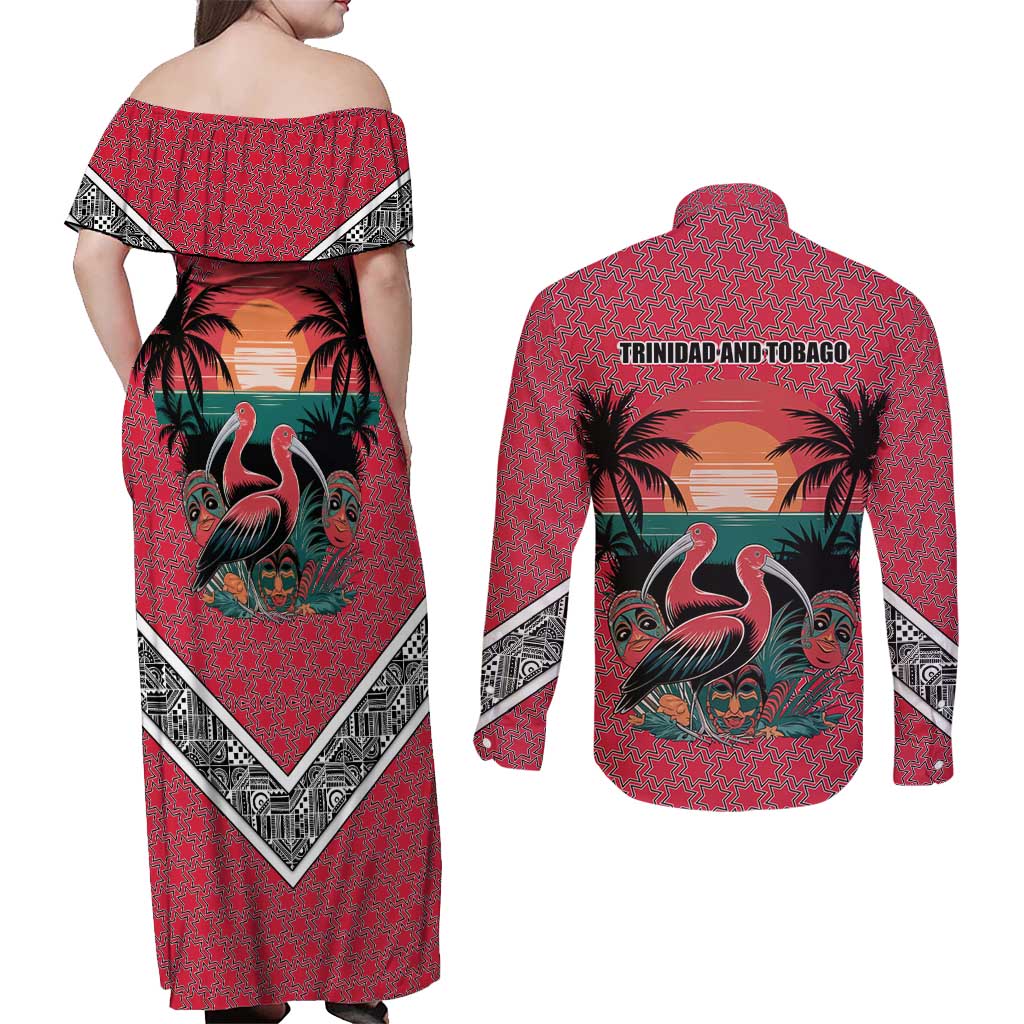Trinidad and Tobago Flamingos Sunset Couples Matching Off Shoulder Maxi Dress and Long Sleeve Button Shirt with Tribal Masks and Red Star Pattern - Wonder Print Shop