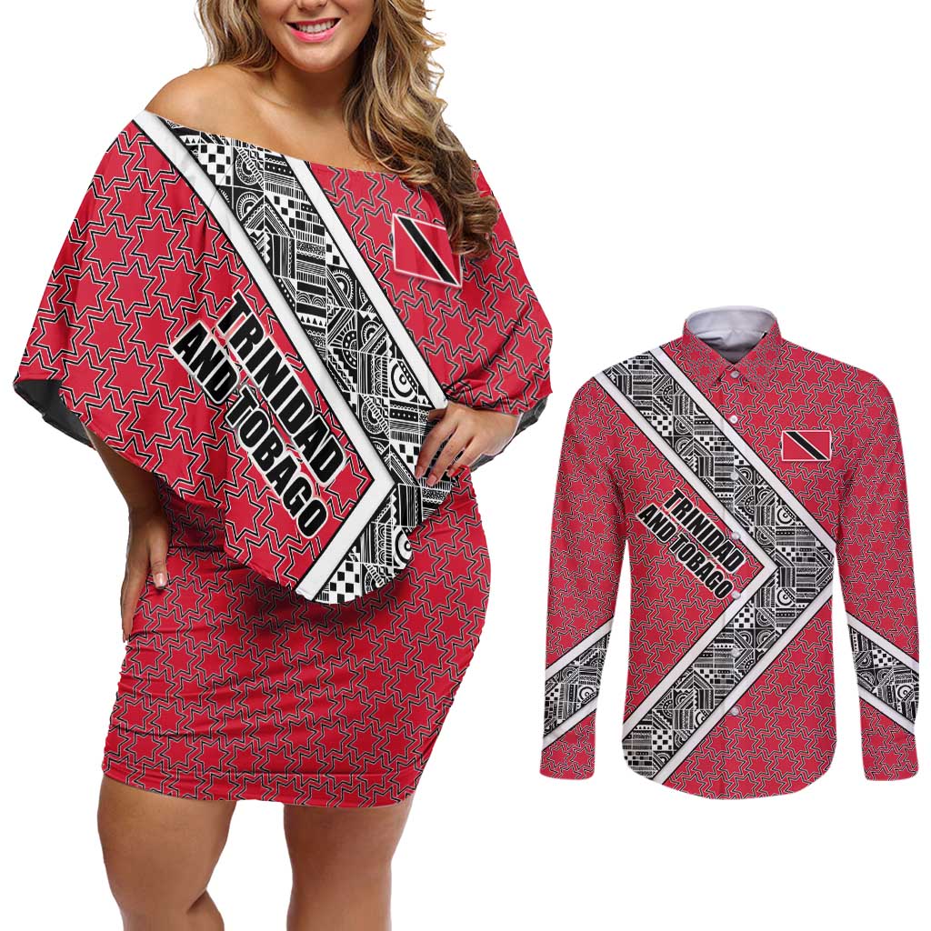 Trinidad and Tobago Flamingos Sunset Couples Matching Off Shoulder Short Dress and Long Sleeve Button Shirt with Tribal Masks and Red Star Pattern - Wonder Print Shop