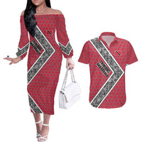 Trinidad and Tobago Flamingos Sunset Couples Matching Off The Shoulder Long Sleeve Dress and Hawaiian Shirt with Tribal Masks and Red Star Pattern - Wonder Print Shop
