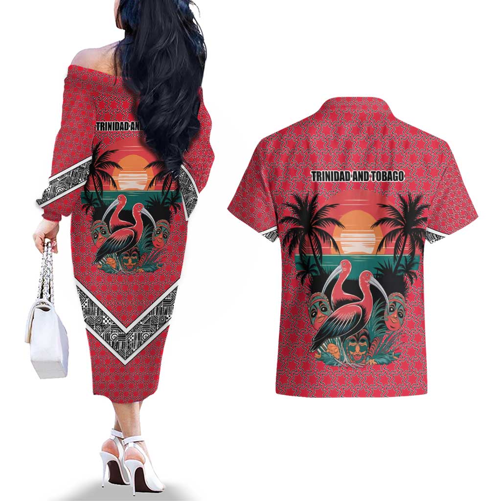 Trinidad and Tobago Flamingos Sunset Couples Matching Off The Shoulder Long Sleeve Dress and Hawaiian Shirt with Tribal Masks and Red Star Pattern - Wonder Print Shop