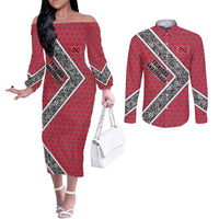 Trinidad and Tobago Flamingos Sunset Couples Matching Off The Shoulder Long Sleeve Dress and Long Sleeve Button Shirt with Tribal Masks and Red Star Pattern - Wonder Print Shop