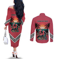 Trinidad and Tobago Flamingos Sunset Couples Matching Off The Shoulder Long Sleeve Dress and Long Sleeve Button Shirt with Tribal Masks and Red Star Pattern - Wonder Print Shop