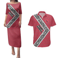 Trinidad and Tobago Flamingos Sunset Couples Matching Puletasi and Hawaiian Shirt with Tribal Masks and Red Star Pattern - Wonder Print Shop