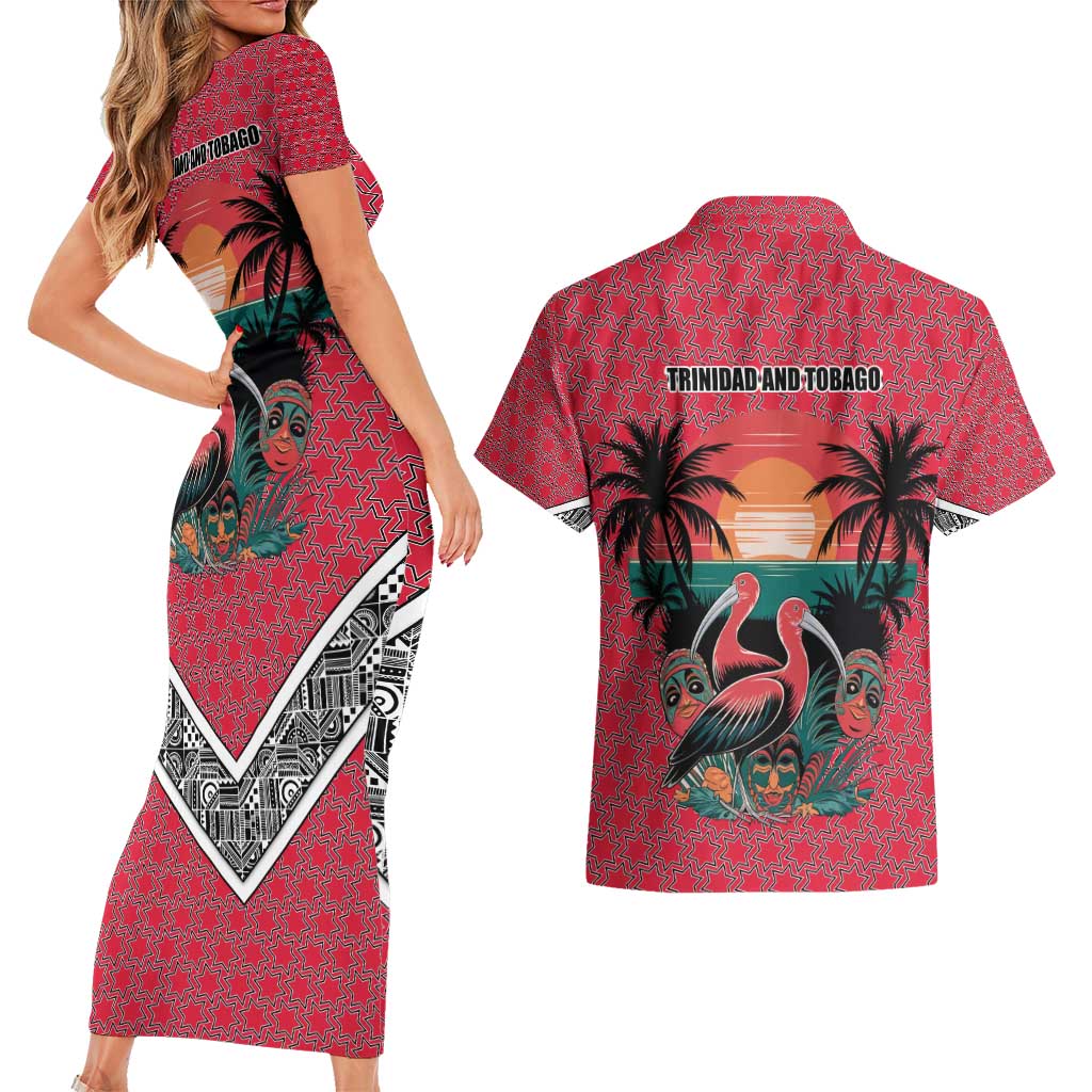 Trinidad and Tobago Flamingos Sunset Couples Matching Short Sleeve Bodycon Dress and Hawaiian Shirt with Tribal Masks and Red Star Pattern - Wonder Print Shop