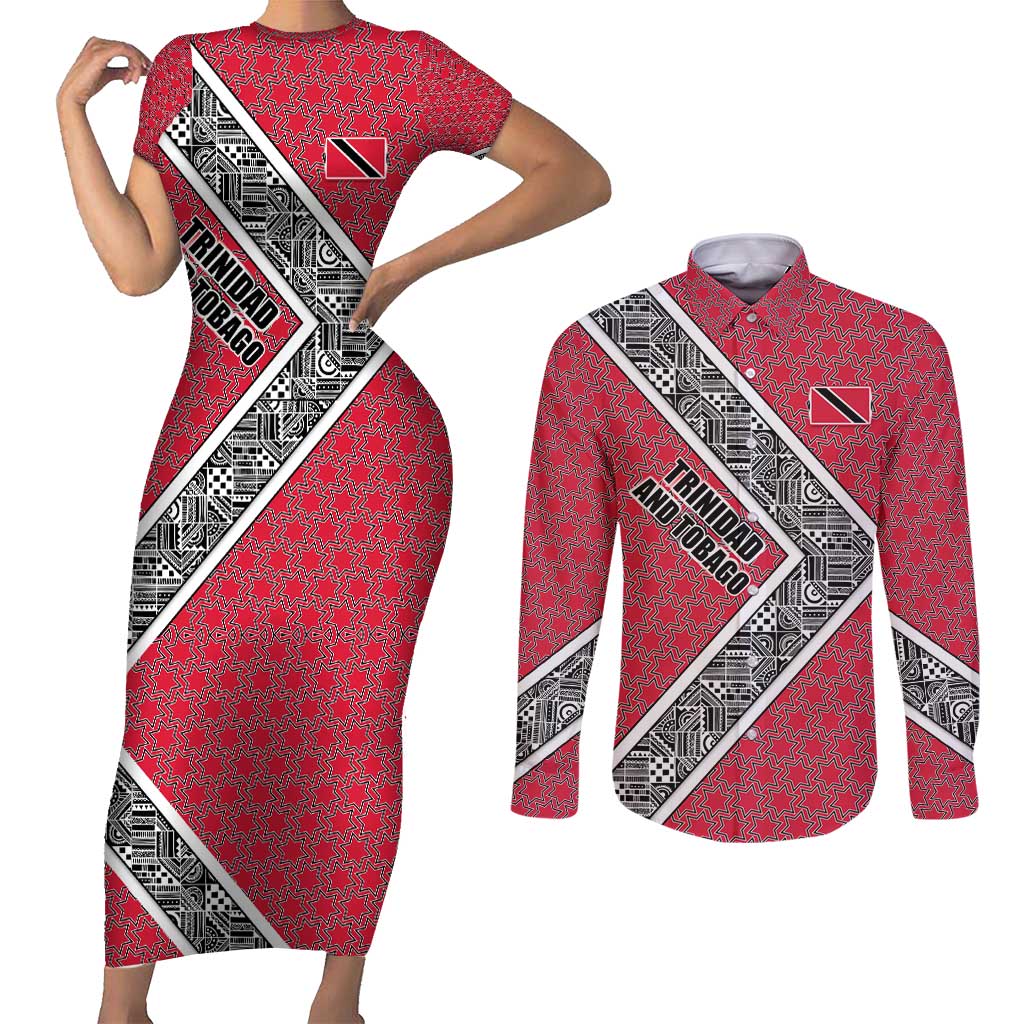 Trinidad and Tobago Flamingos Sunset Couples Matching Short Sleeve Bodycon Dress and Long Sleeve Button Shirt with Tribal Masks and Red Star Pattern - Wonder Print Shop