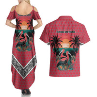 Trinidad and Tobago Flamingos Sunset Couples Matching Summer Maxi Dress and Hawaiian Shirt with Tribal Masks and Red Star Pattern - Wonder Print Shop