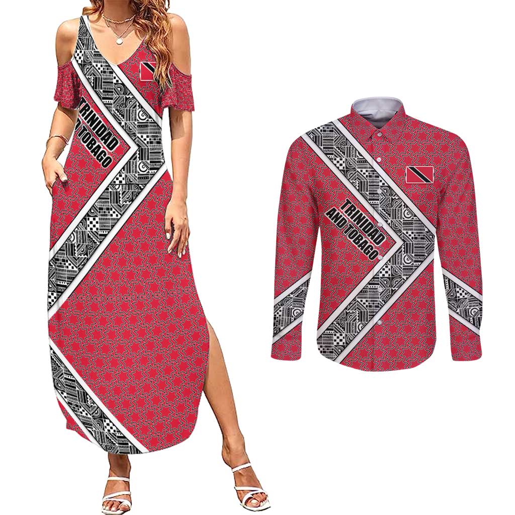Trinidad and Tobago Flamingos Sunset Couples Matching Summer Maxi Dress and Long Sleeve Button Shirt with Tribal Masks and Red Star Pattern - Wonder Print Shop