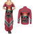 Trinidad and Tobago Flamingos Sunset Couples Matching Summer Maxi Dress and Long Sleeve Button Shirt with Tribal Masks and Red Star Pattern - Wonder Print Shop