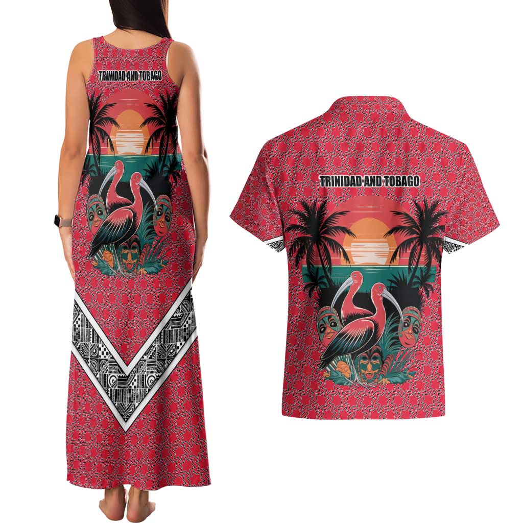 Trinidad and Tobago Flamingos Sunset Couples Matching Tank Maxi Dress and Hawaiian Shirt with Tribal Masks and Red Star Pattern - Wonder Print Shop