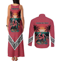Trinidad and Tobago Flamingos Sunset Couples Matching Tank Maxi Dress and Long Sleeve Button Shirt with Tribal Masks and Red Star Pattern - Wonder Print Shop