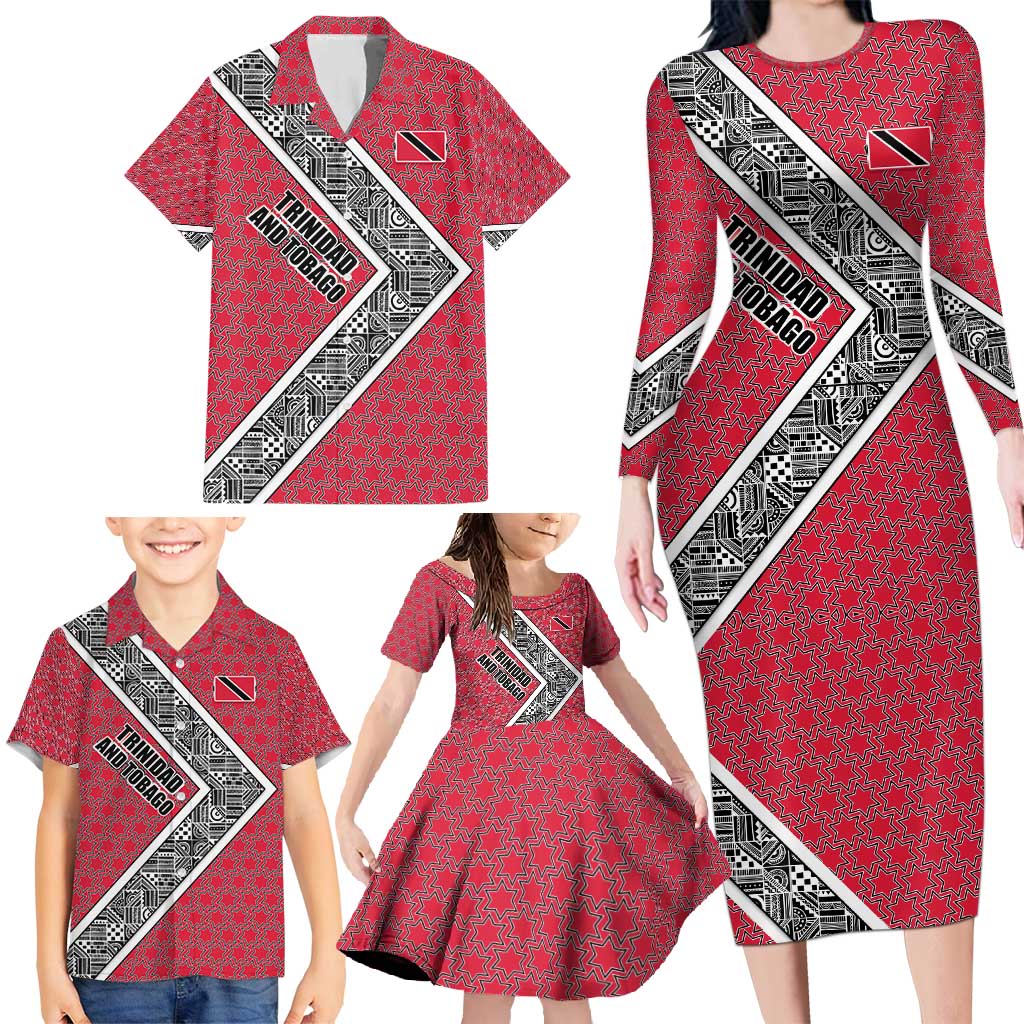 Trinidad and Tobago Flamingos Sunset Family Matching Long Sleeve Bodycon Dress and Hawaiian Shirt with Tribal Masks and Red Star Pattern - Wonder Print Shop