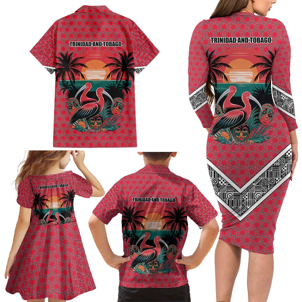 Trinidad and Tobago Flamingos Sunset Family Matching Long Sleeve Bodycon Dress and Hawaiian Shirt with Tribal Masks and Red Star Pattern - Wonder Print Shop