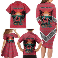 Trinidad and Tobago Flamingos Sunset Family Matching Long Sleeve Bodycon Dress and Hawaiian Shirt with Tribal Masks and Red Star Pattern - Wonder Print Shop
