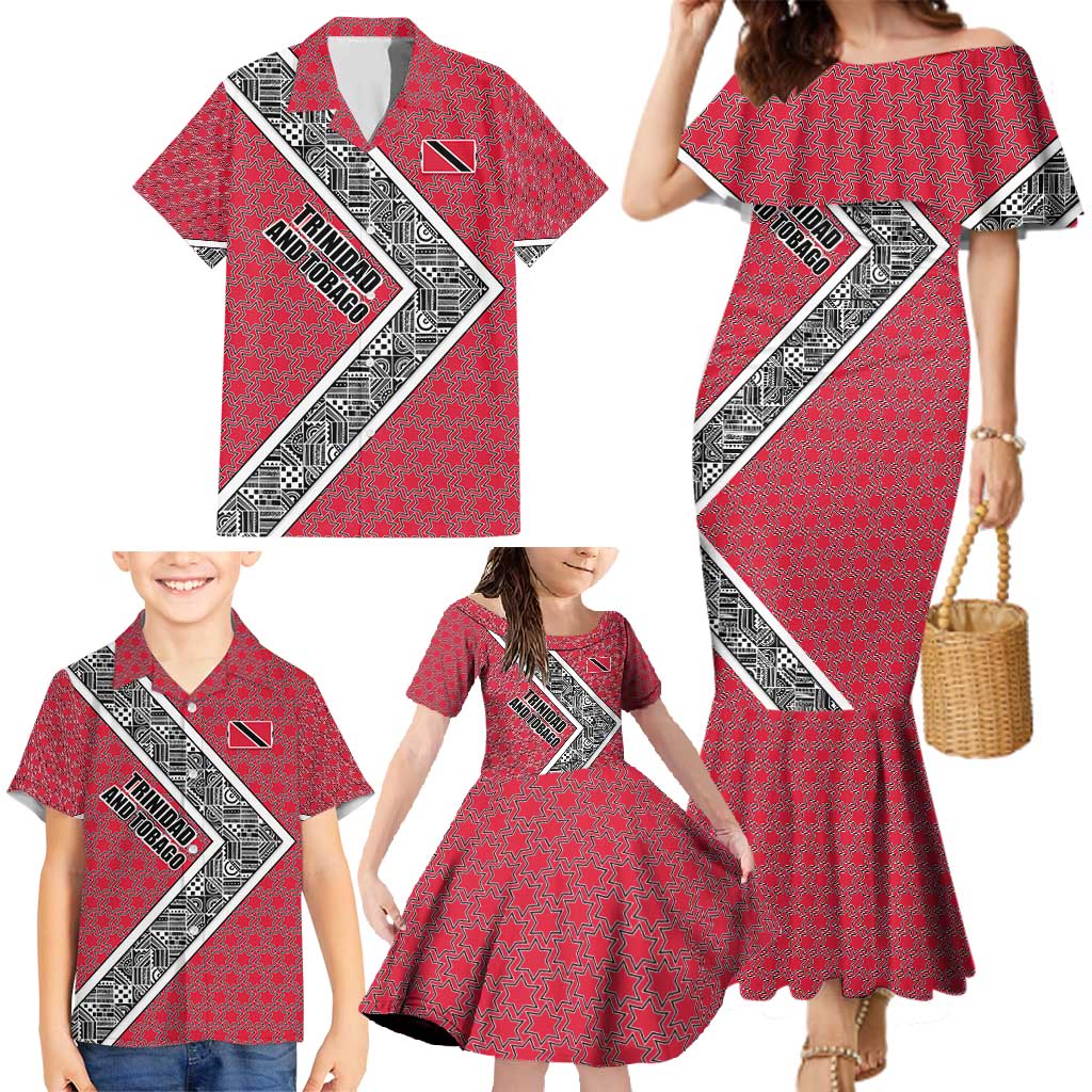Trinidad and Tobago Flamingos Sunset Family Matching Mermaid Dress and Hawaiian Shirt with Tribal Masks and Red Star Pattern - Wonder Print Shop