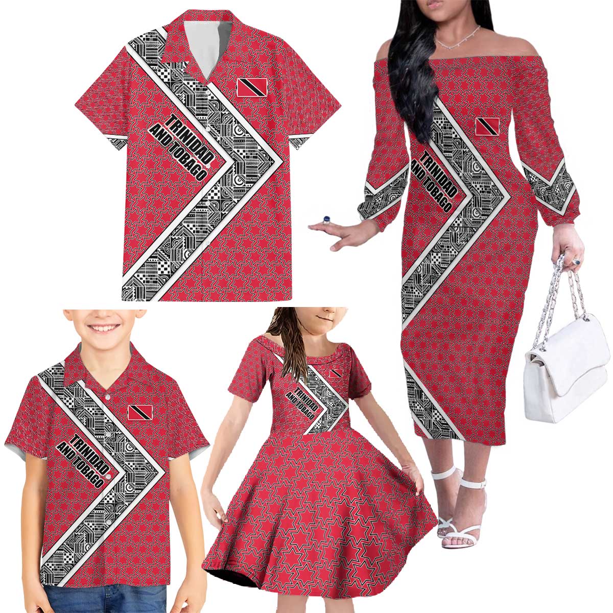 Trinidad and Tobago Flamingos Sunset Family Matching Off The Shoulder Long Sleeve Dress and Hawaiian Shirt with Tribal Masks and Red Star Pattern - Wonder Print Shop