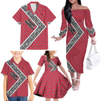 Trinidad and Tobago Flamingos Sunset Family Matching Off The Shoulder Long Sleeve Dress and Hawaiian Shirt with Tribal Masks and Red Star Pattern - Wonder Print Shop