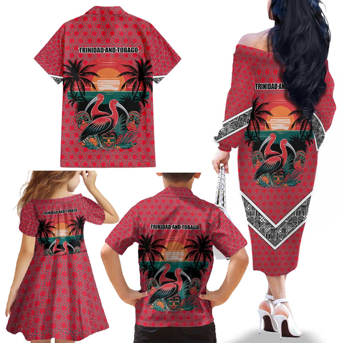 Trinidad and Tobago Flamingos Sunset Family Matching Off The Shoulder Long Sleeve Dress and Hawaiian Shirt with Tribal Masks and Red Star Pattern - Wonder Print Shop