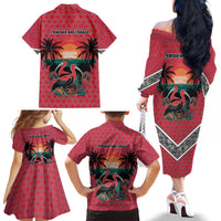 Trinidad and Tobago Flamingos Sunset Family Matching Off The Shoulder Long Sleeve Dress and Hawaiian Shirt with Tribal Masks and Red Star Pattern - Wonder Print Shop