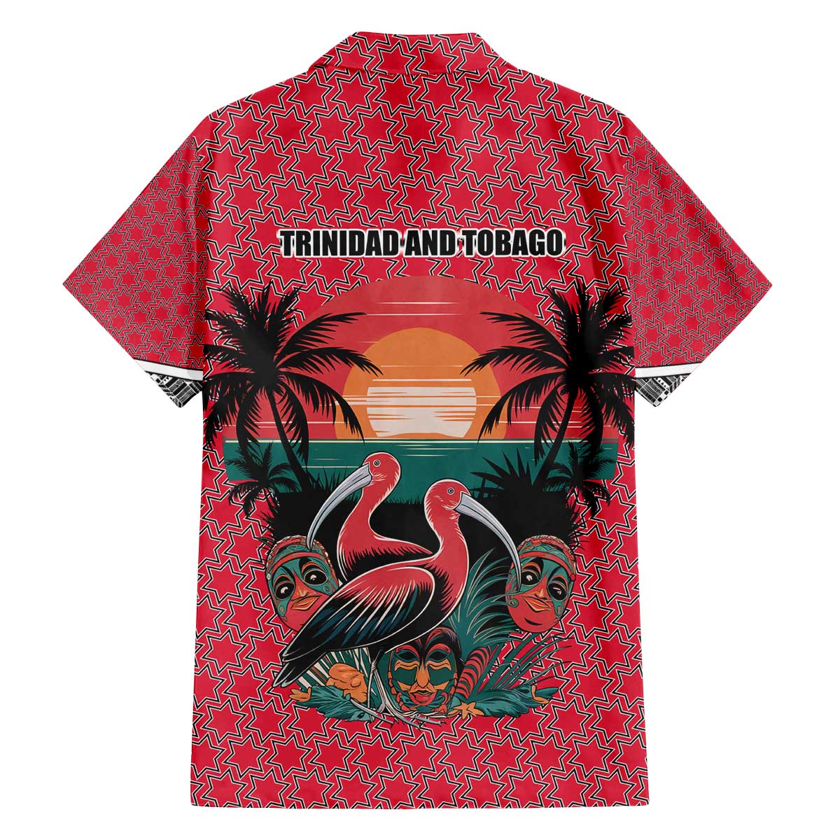 Trinidad and Tobago Flamingos Sunset Family Matching Off The Shoulder Long Sleeve Dress and Hawaiian Shirt with Tribal Masks and Red Star Pattern - Wonder Print Shop
