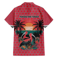 Trinidad and Tobago Flamingos Sunset Family Matching Off The Shoulder Long Sleeve Dress and Hawaiian Shirt with Tribal Masks and Red Star Pattern - Wonder Print Shop