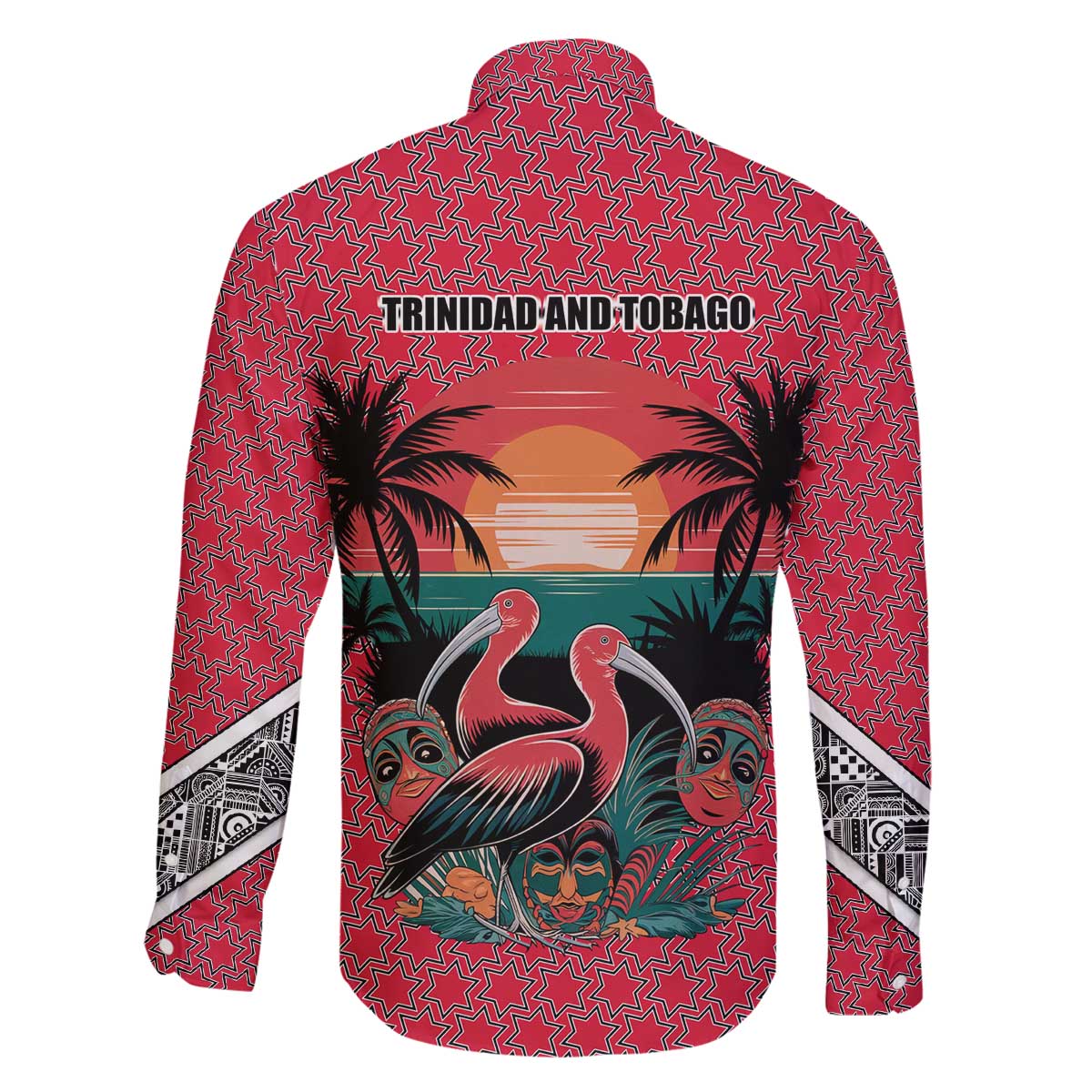 Trinidad and Tobago Flamingos Sunset Family Matching Off The Shoulder Long Sleeve Dress and Hawaiian Shirt with Tribal Masks and Red Star Pattern - Wonder Print Shop
