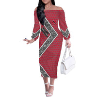 Trinidad and Tobago Flamingos Sunset Family Matching Off The Shoulder Long Sleeve Dress and Hawaiian Shirt with Tribal Masks and Red Star Pattern - Wonder Print Shop