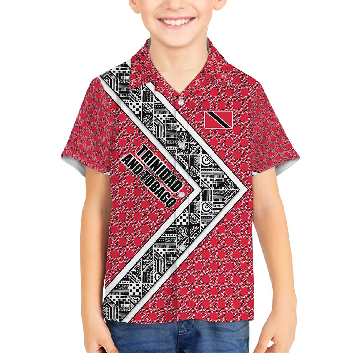 Trinidad and Tobago Flamingos Sunset Family Matching Off The Shoulder Long Sleeve Dress and Hawaiian Shirt with Tribal Masks and Red Star Pattern - Wonder Print Shop