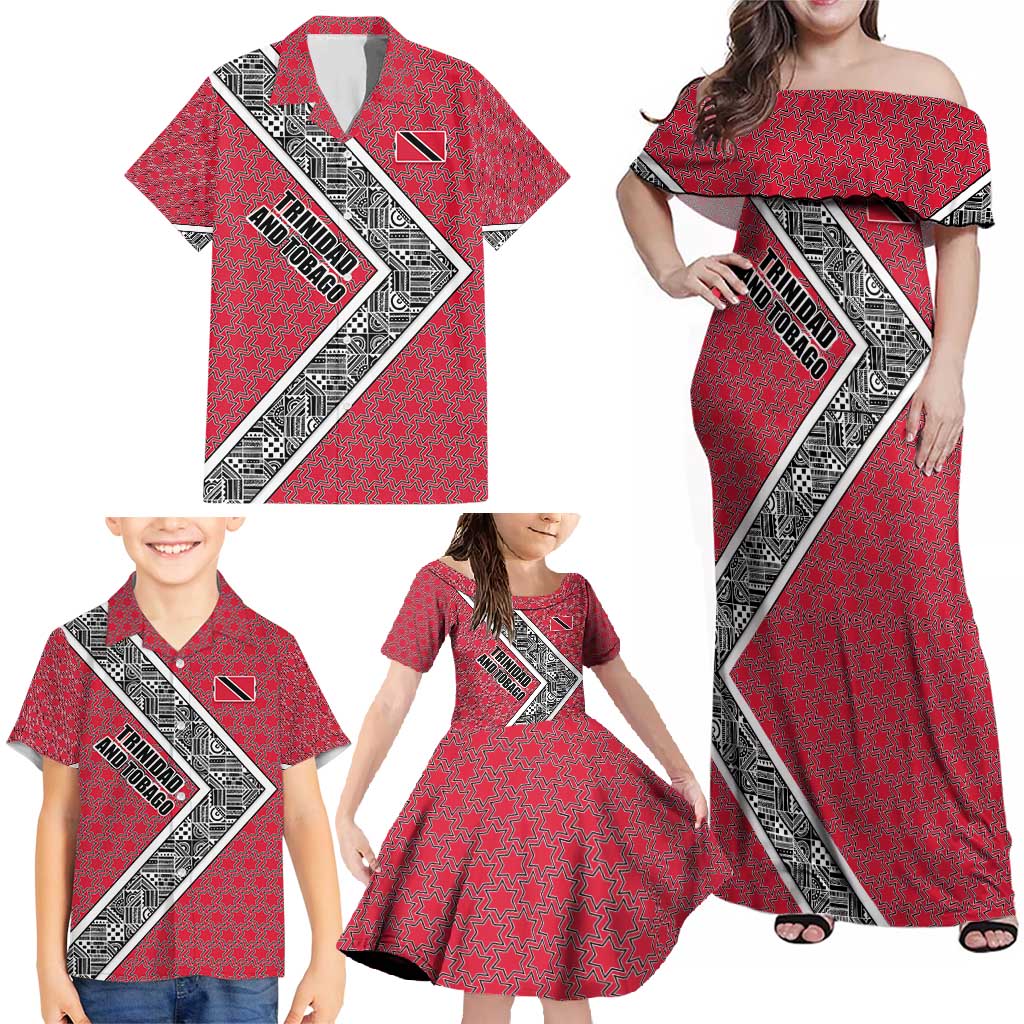 Trinidad and Tobago Flamingos Sunset Family Matching Off Shoulder Maxi Dress and Hawaiian Shirt with Tribal Masks and Red Star Pattern - Wonder Print Shop