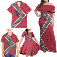 Trinidad and Tobago Flamingos Sunset Family Matching Off Shoulder Maxi Dress and Hawaiian Shirt with Tribal Masks and Red Star Pattern - Wonder Print Shop