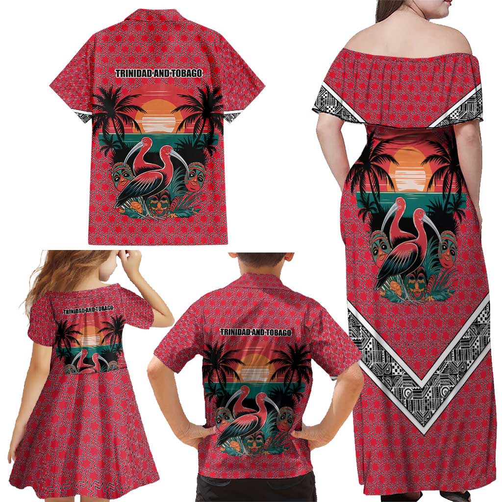 Trinidad and Tobago Flamingos Sunset Family Matching Off Shoulder Maxi Dress and Hawaiian Shirt with Tribal Masks and Red Star Pattern - Wonder Print Shop