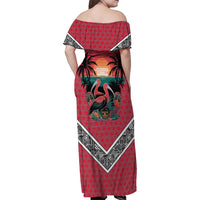 Trinidad and Tobago Flamingos Sunset Family Matching Off Shoulder Maxi Dress and Hawaiian Shirt with Tribal Masks and Red Star Pattern - Wonder Print Shop