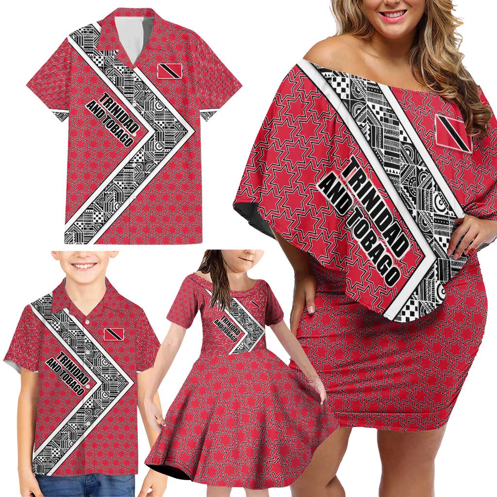 Trinidad and Tobago Flamingos Sunset Family Matching Off Shoulder Short Dress and Hawaiian Shirt with Tribal Masks and Red Star Pattern - Wonder Print Shop
