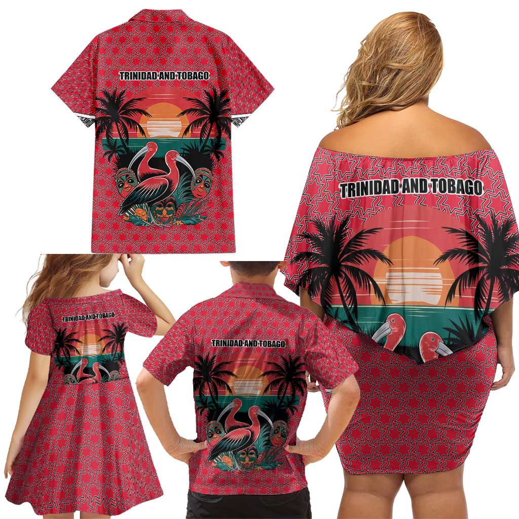 Trinidad and Tobago Flamingos Sunset Family Matching Off Shoulder Short Dress and Hawaiian Shirt with Tribal Masks and Red Star Pattern - Wonder Print Shop