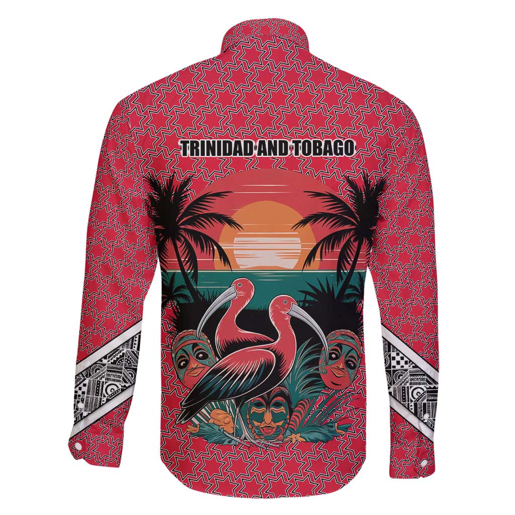 Trinidad and Tobago Flamingos Sunset Family Matching Off Shoulder Short Dress and Hawaiian Shirt with Tribal Masks and Red Star Pattern - Wonder Print Shop