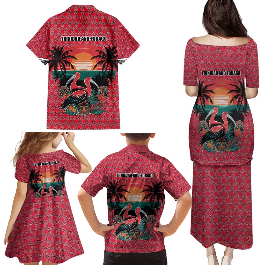 Trinidad and Tobago Flamingos Sunset Family Matching Puletasi and Hawaiian Shirt with Tribal Masks and Red Star Pattern - Wonder Print Shop
