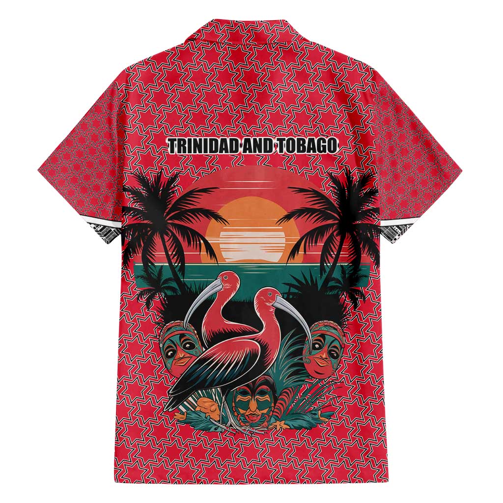 Trinidad and Tobago Flamingos Sunset Family Matching Puletasi and Hawaiian Shirt with Tribal Masks and Red Star Pattern - Wonder Print Shop